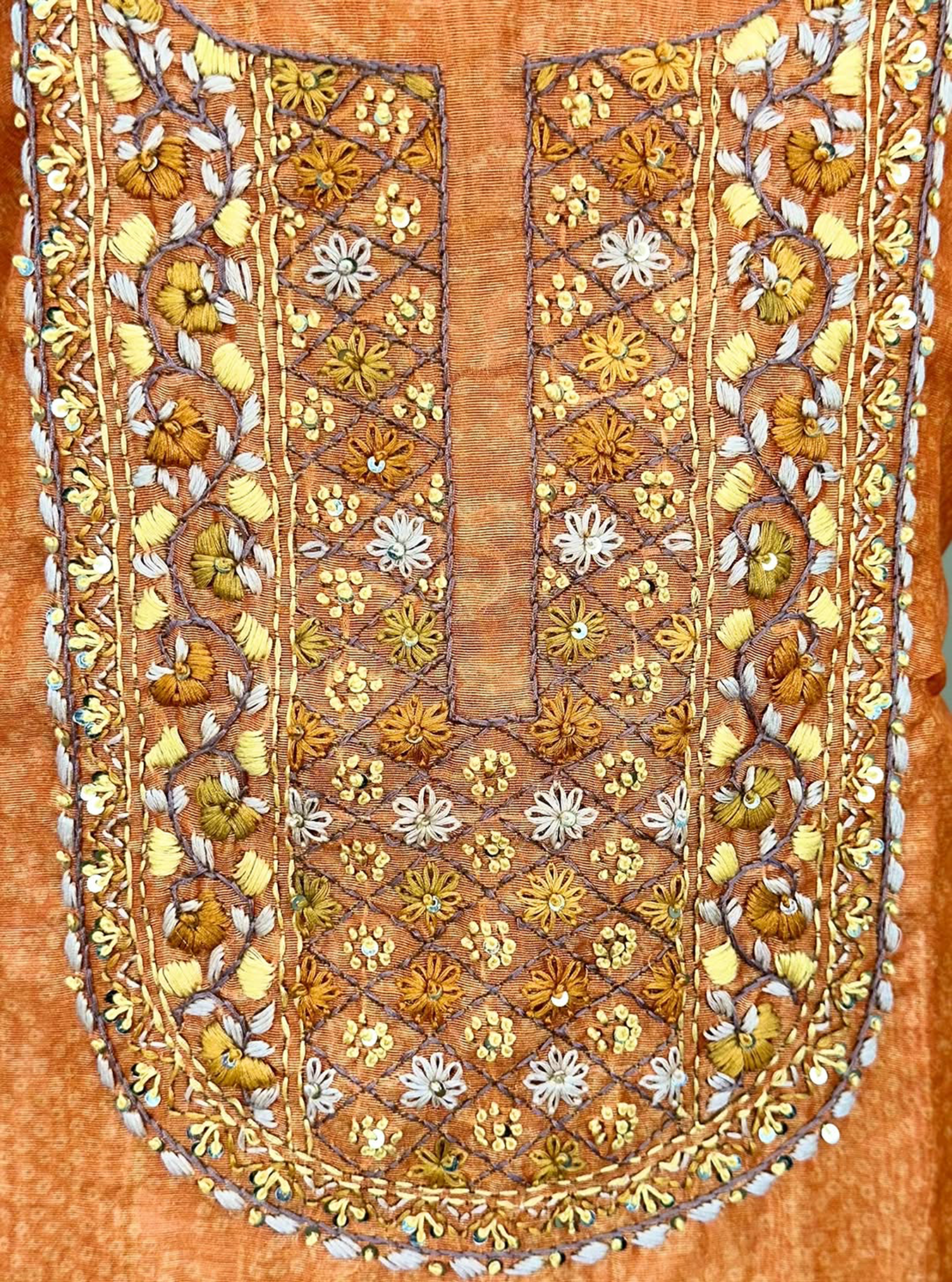 Orange and Brown Bandhani Printed Chanderi Silk Hand Embroidered Unstitched Suit