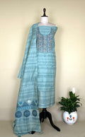 Greyish Green Hand Embroidered Kora Chanderi Unstitched Suit - Kalamusk RCA120