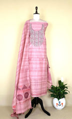 Dusty Pink Hand Embroidered Kora Chanderi Unstitched Suit - Kalamusk RCA121 image 2