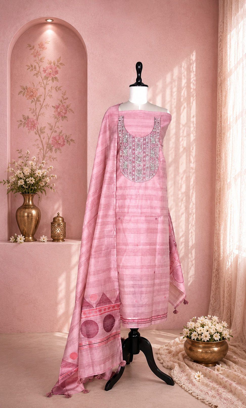 Dusty Pink Hand Embroidered Kora Chanderi Unstitched Suit