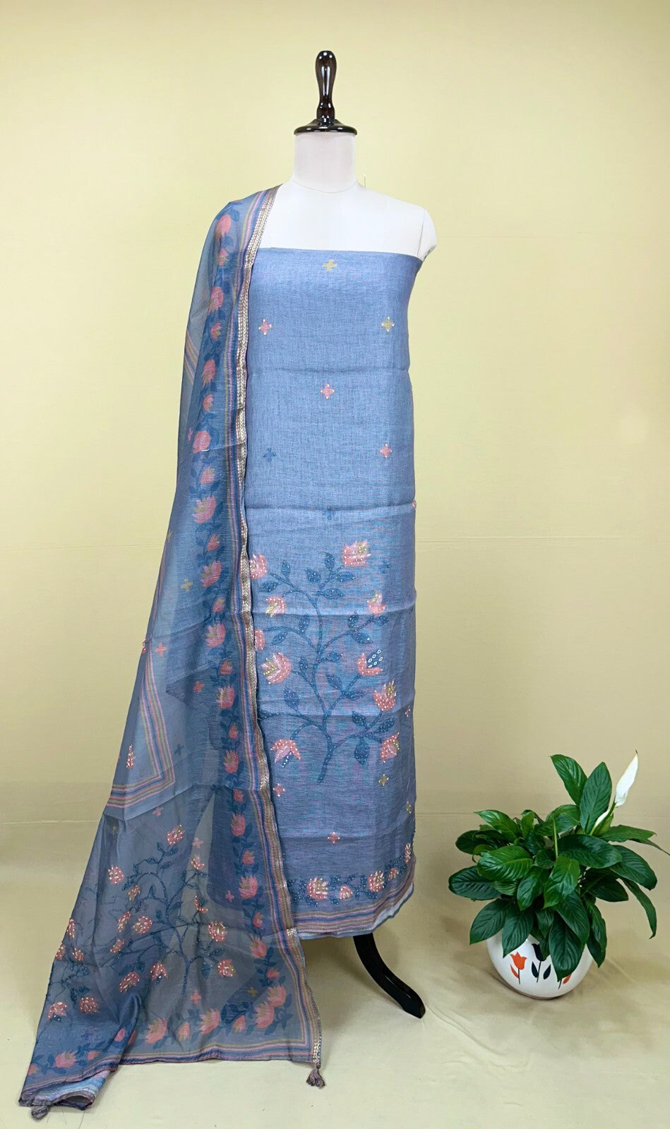 Grey Jamdani Floral Print with Hand Work Unstitched Suit