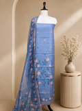 Grey Jamdani Floral Print with Hand Work Unstitched Suit