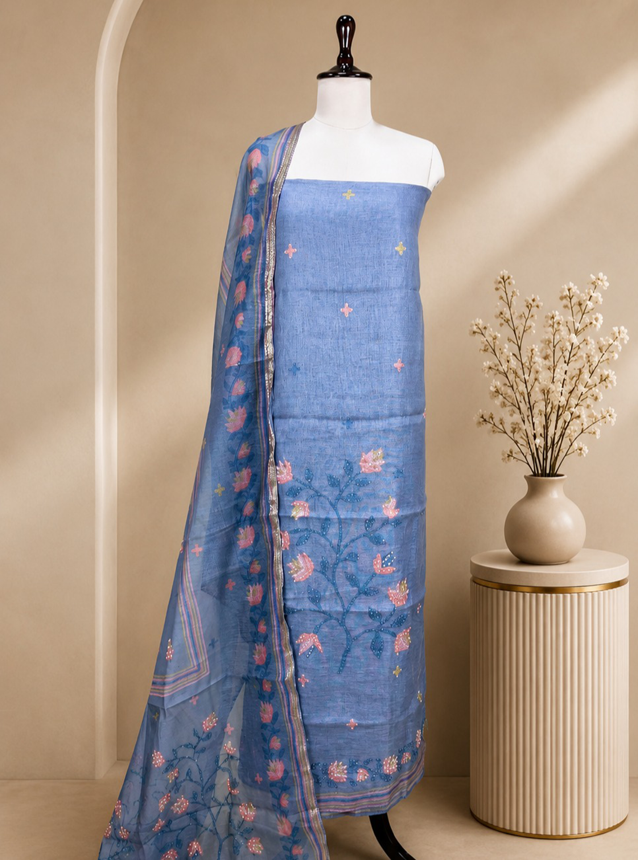 Grey Jamdani Floral Print with Hand Work Unstitched Suit