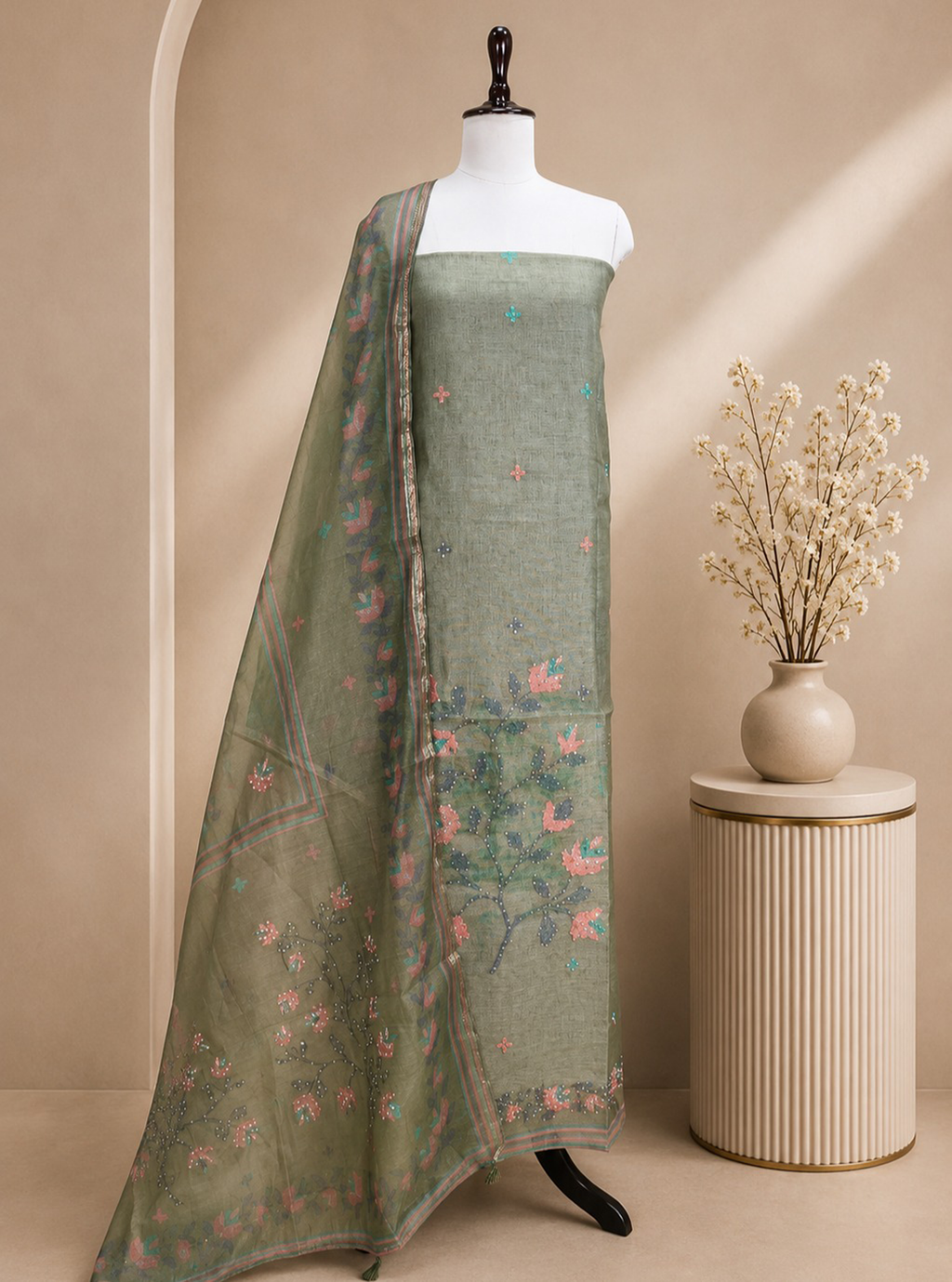 Green Jamdani Floral Print with Hand Work Unstitched Suit