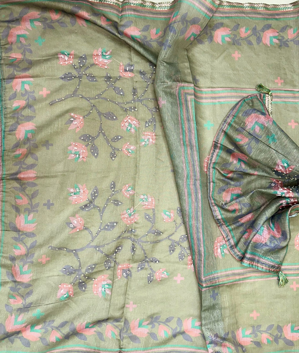 Green Jamdani Floral Print with Hand Work Unstitched Suit