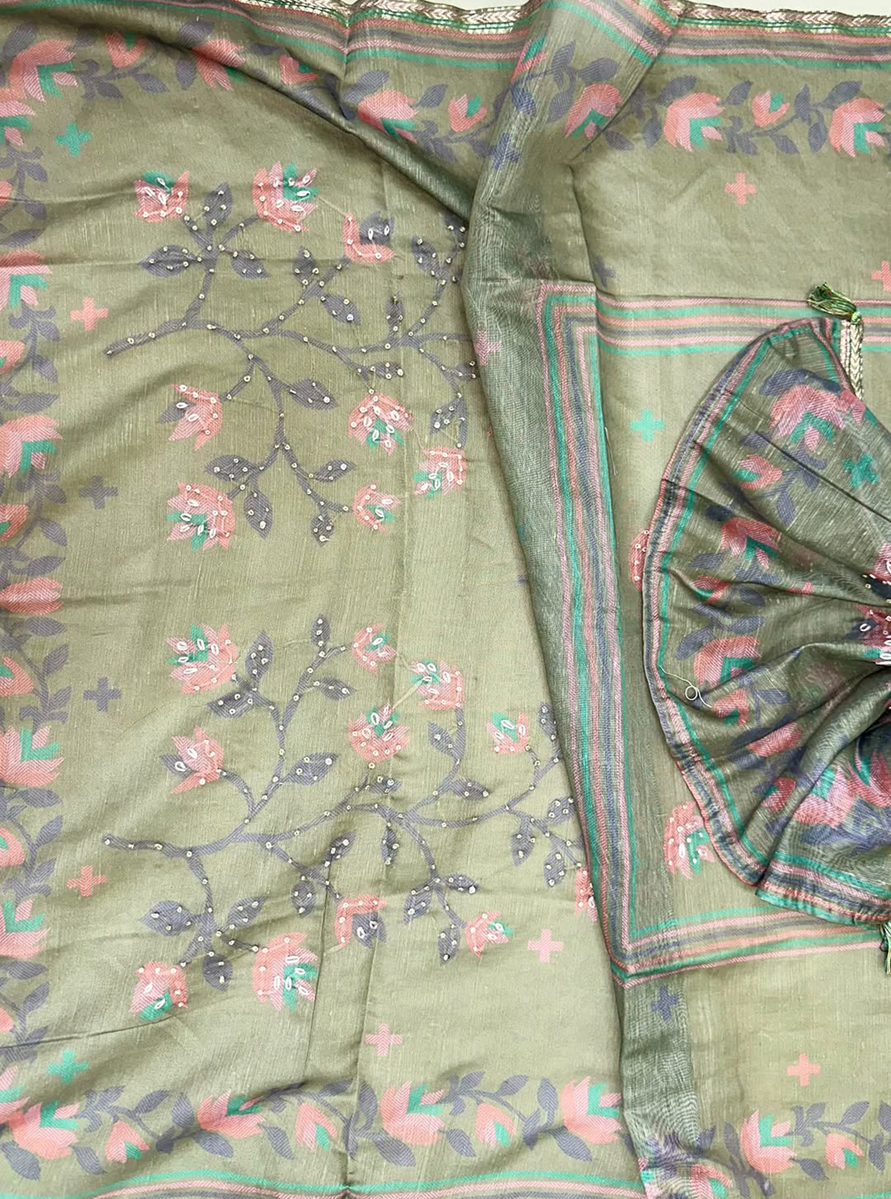 Green Jamdani Floral Print with Hand Work Unstitched Suit