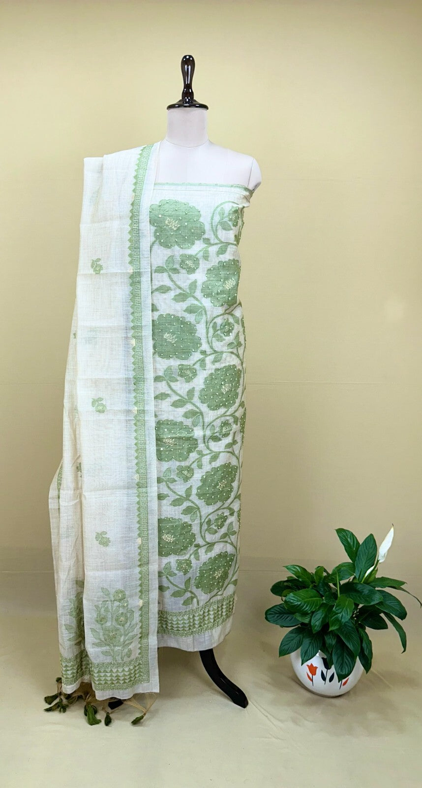 Beige Chanderi Handloom Green Floral Subtle Sequin Work Unstitched Suit