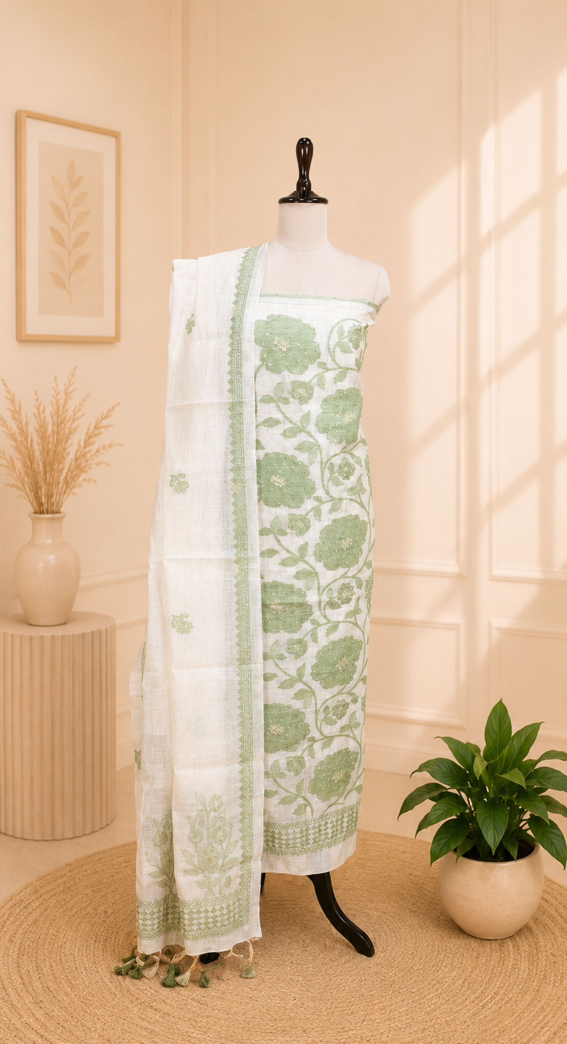 Beige Chanderi Handloom Green Floral Subtle Sequin Work Unstitched Suit