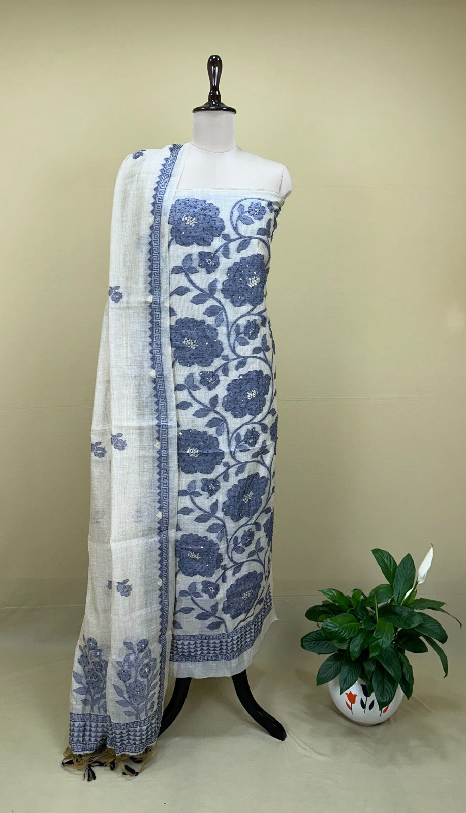 Beige Chanderi Handloom Purple Floral Subtle Sequin Work Unstitched Suit