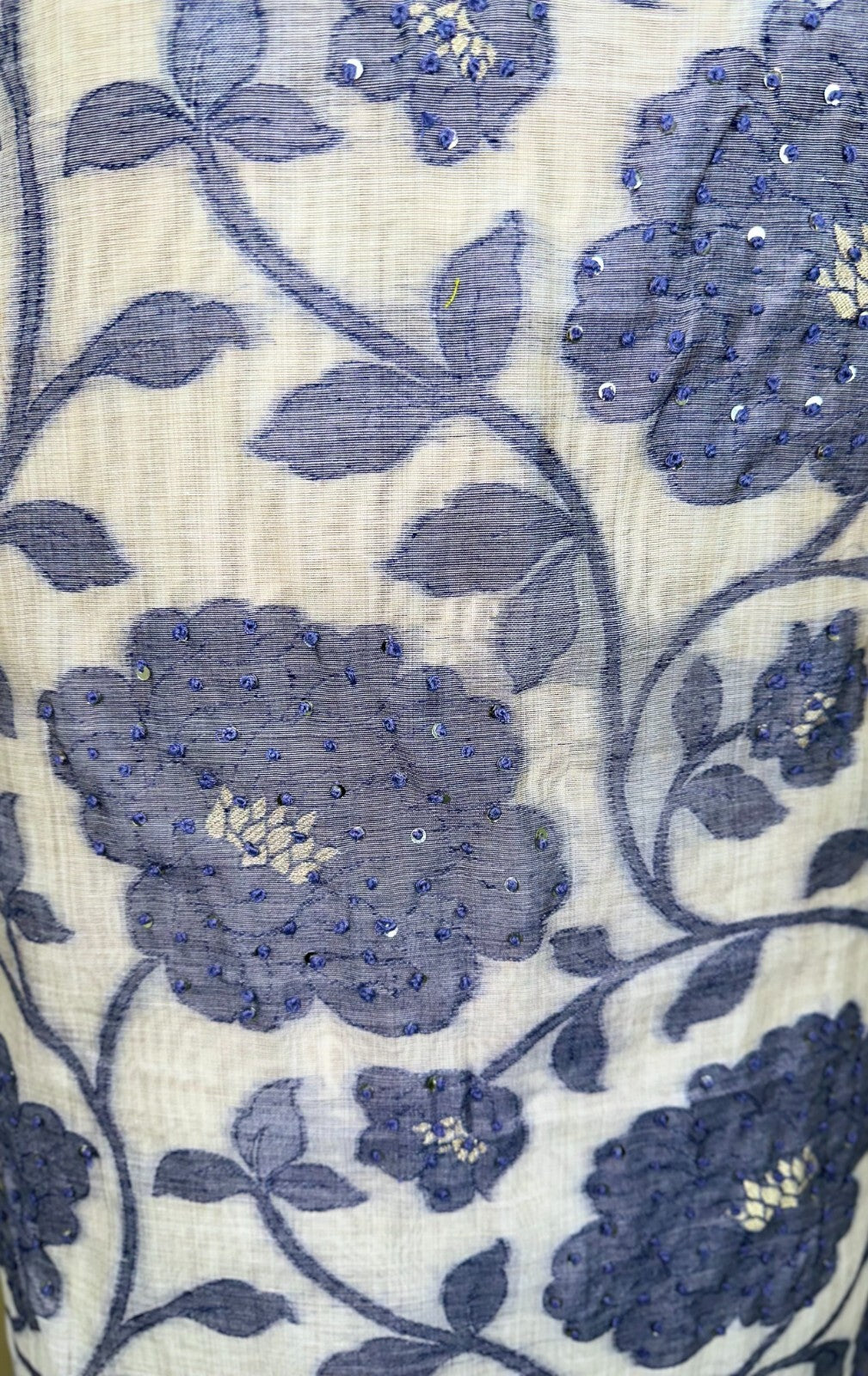 Beige Chanderi Handloom Purple Floral Subtle Sequin Work Unstitched Suit