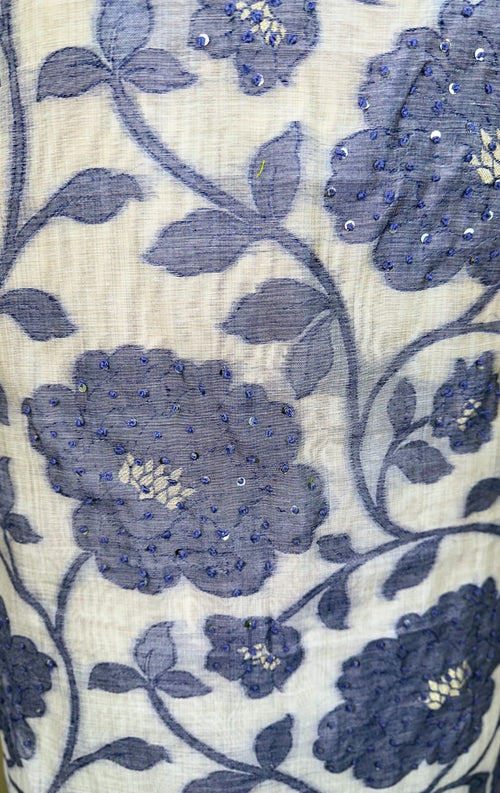 Beige Chanderi Handloom Purple Floral Subtle Sequin Work Unstitched Suit