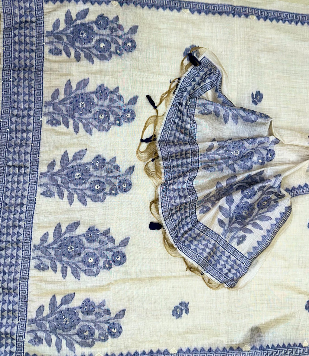 Beige Chanderi Handloom Purple Floral Subtle Sequin Work Unstitched Suit