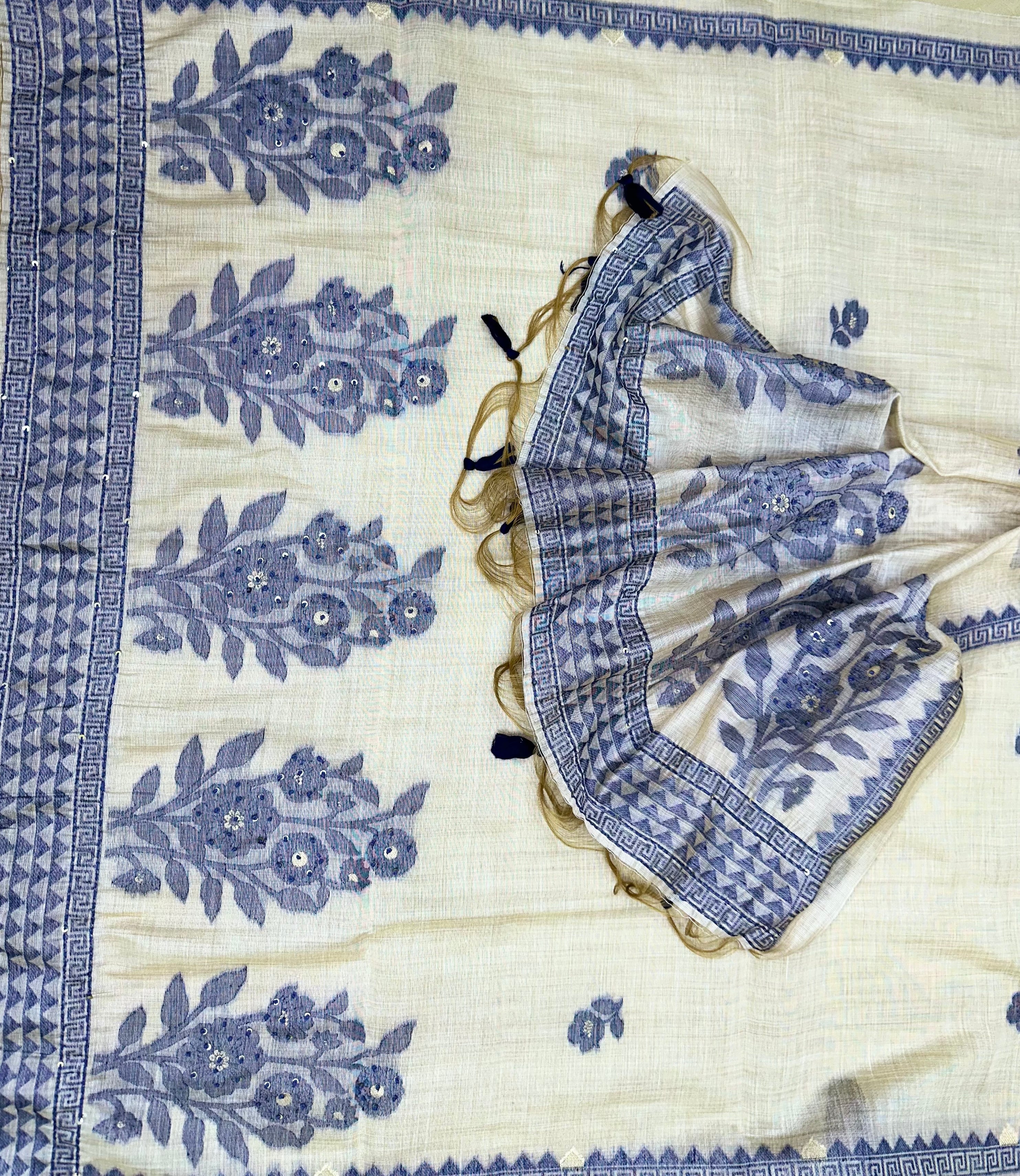 Beige Chanderi Handloom Purple Floral Subtle Sequin Work Unstitched Suit