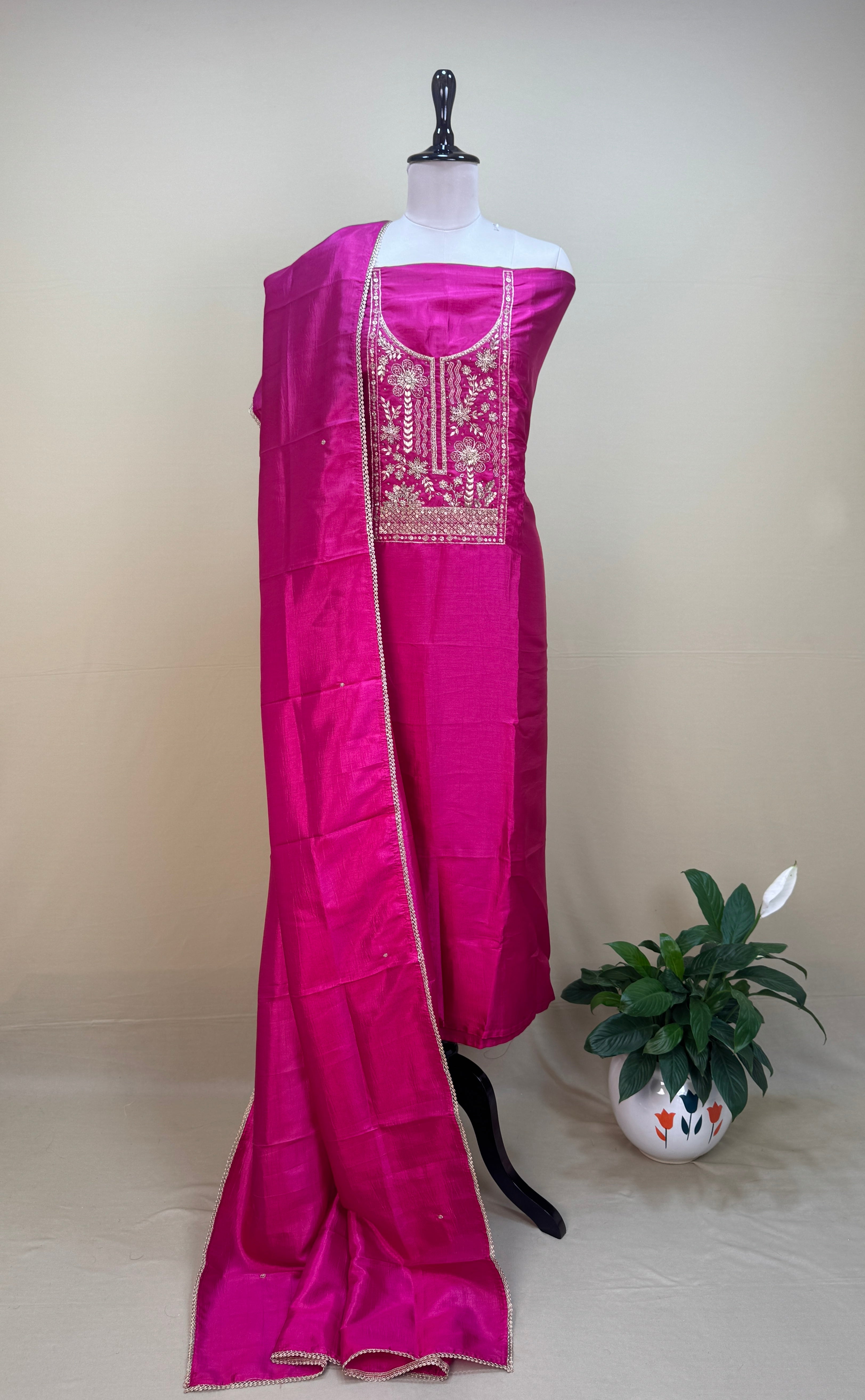 Pink with Zardozi, Bead, and Sequin Hand Embroidery Work Unstitched Suit - Kalamusk