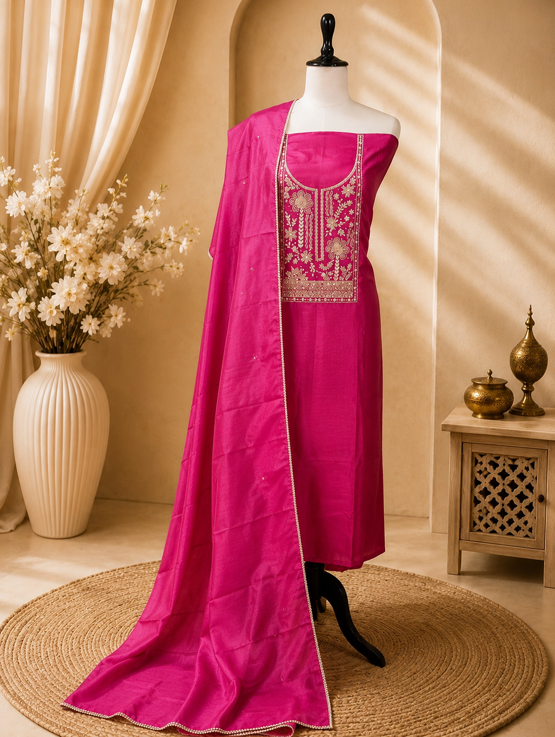 Pink with Zardozi, Bead, and Sequin Hand Embroidery Work Unstitched Suit