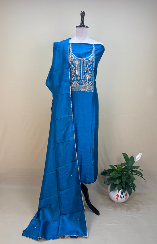 Blue with Zardozi, Bead, and Sequin Hand Embroidery Work Unstitched Suit - Kalamusk