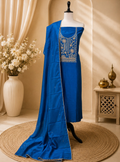 Blue with Zardozi, Bead, and Sequin Hand Embroidery Work Unstitched Suit
