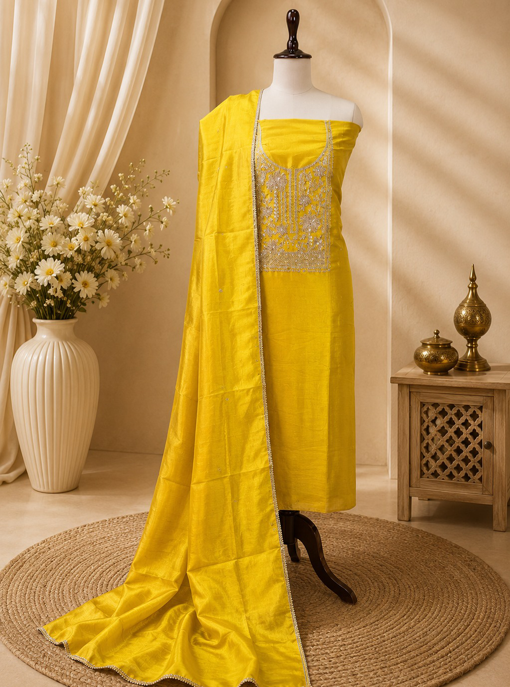 Yellow with Zardozi, Bead, and Sequin Hand Embroidery Work Unstitched Suit