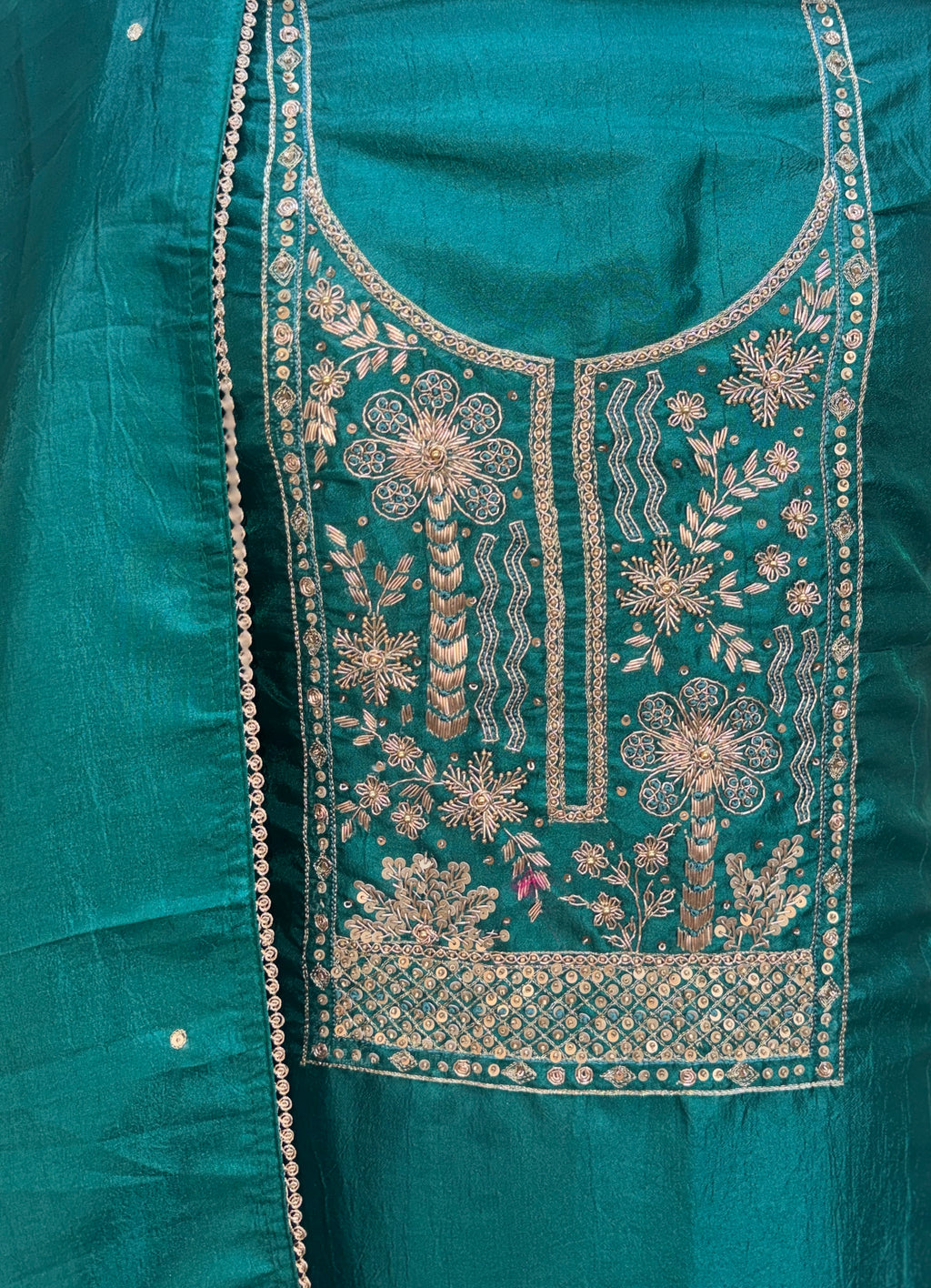 Green with Zardozi, Bead, and Sequin Hand Embroidery Work Unstitched Suit - Kalamusk
