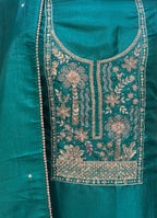 Green with Zardozi, Bead, and Sequin Hand Embroidery Work Unstitched Suit - Kalamusk