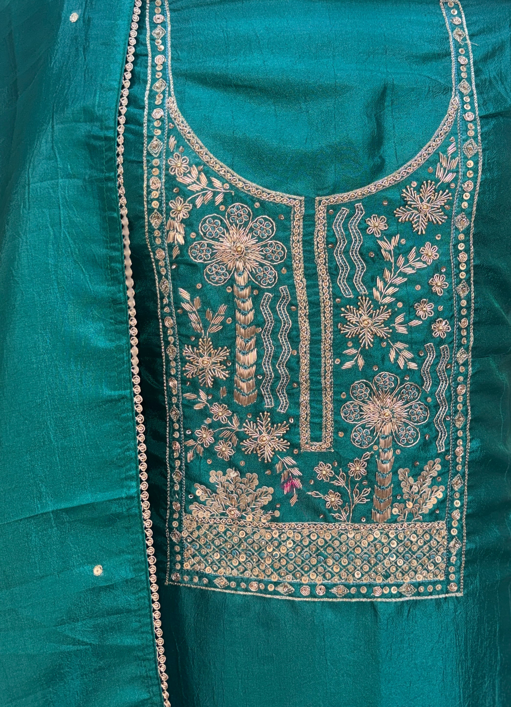 Green with Zardozi, Bead, and Sequin Hand Embroidery Work Unstitched Suit - Kalamusk