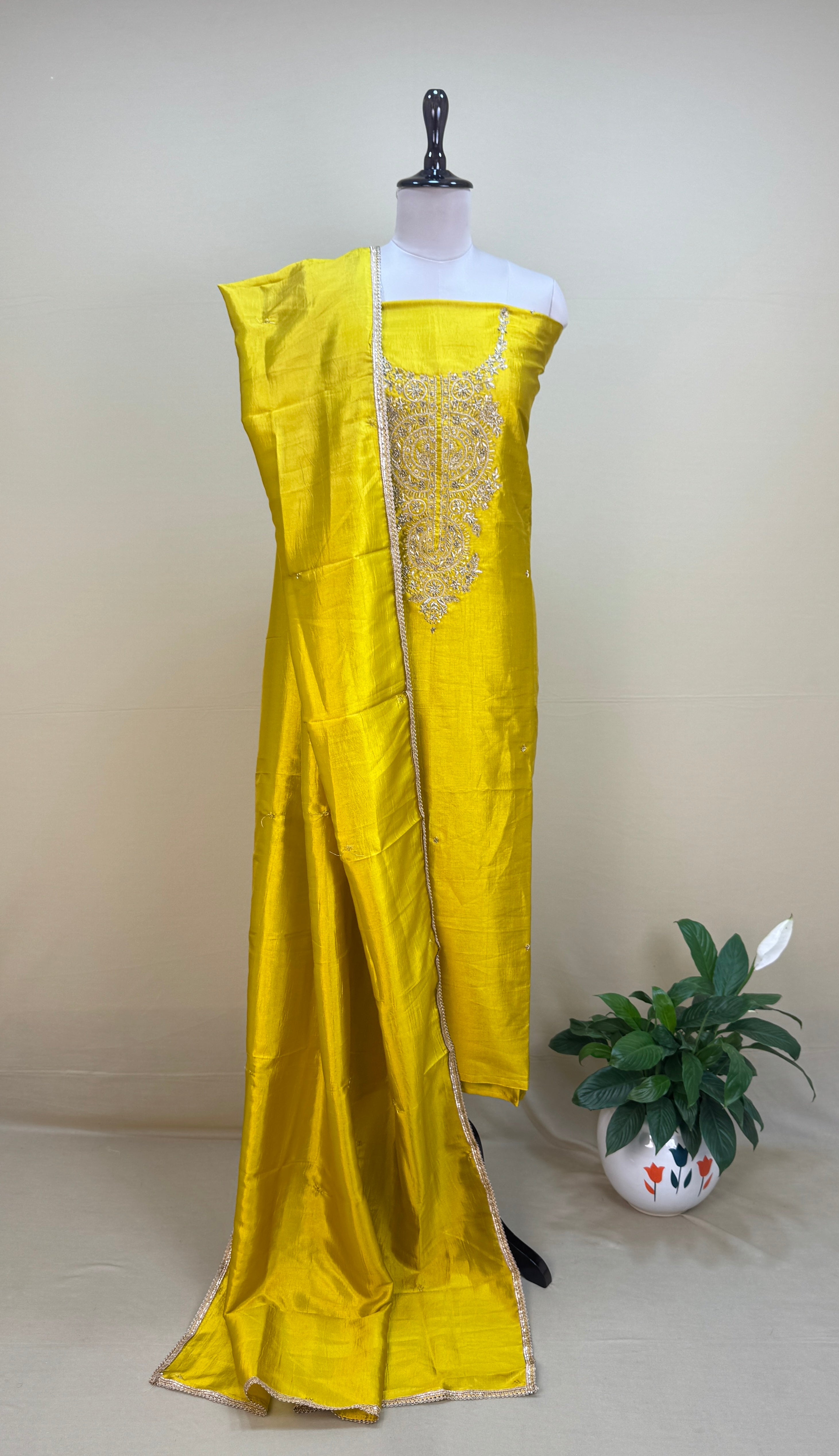Yellow with Zardozi, Bead, and Sequin Hand Embroidery Work Unstitched Suit