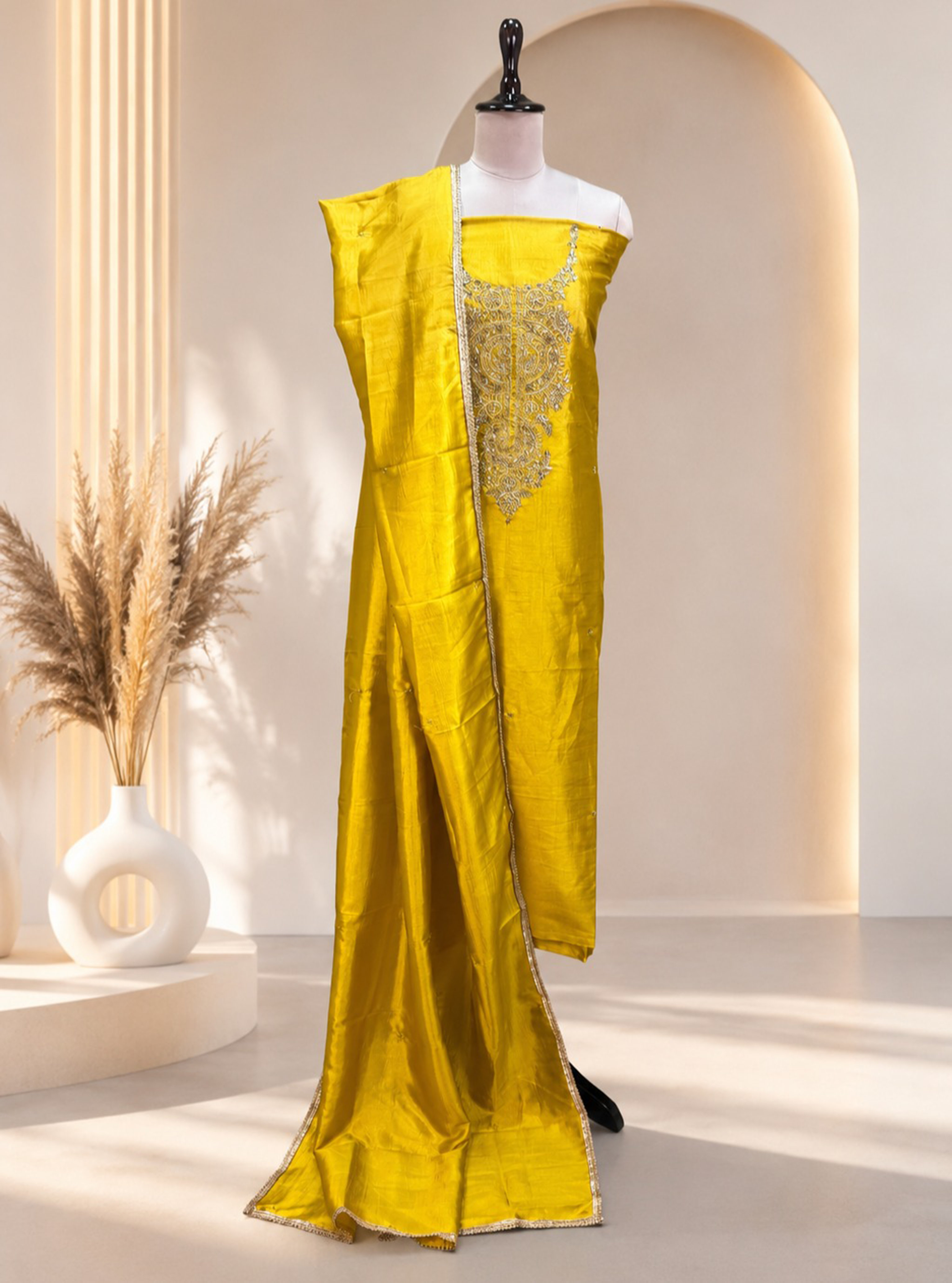 Yellow with Zardozi, Bead, and Sequin Hand Embroidery Work Unstitched Suit