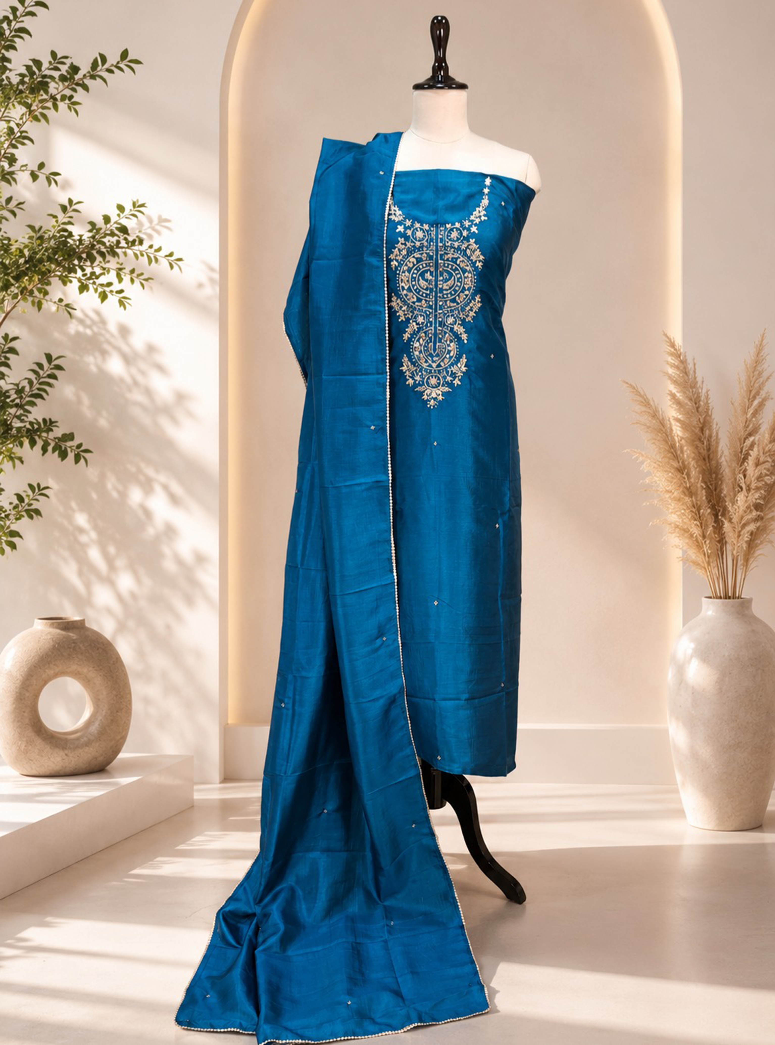 Blue with Zardozi, Bead, and Sequin Hand Embroidery Work Unstitched Suit