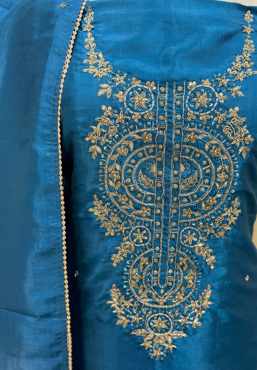 Blue with Zardozi, Bead, and Sequin Hand Embroidery Work Unstitched Suit