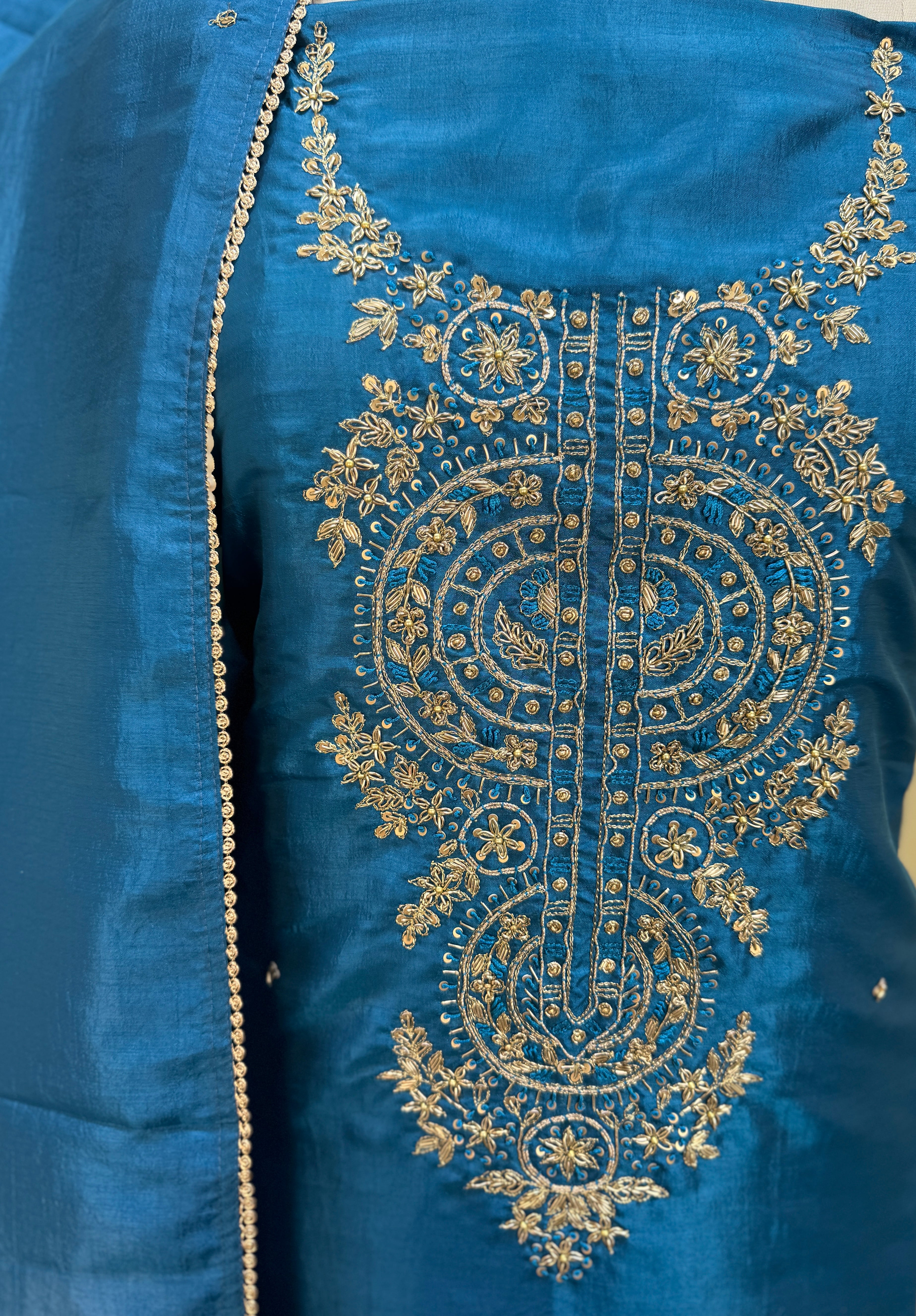 Blue with Zardozi, Bead, and Sequin Hand Embroidery Work Unstitched Suit