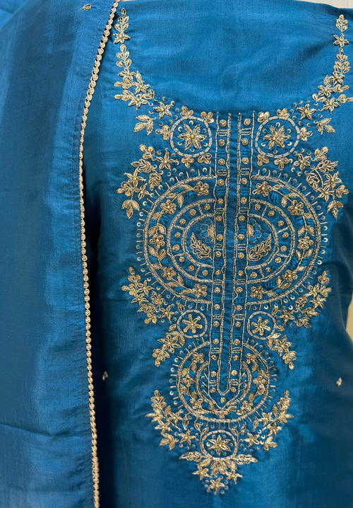Blue with Zardozi, Bead, and Sequin Hand Embroidery Work Unstitched Suit