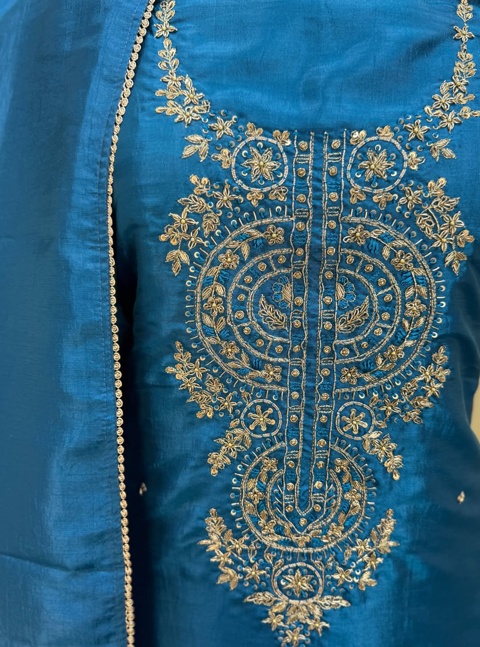 Blue with Zardozi, Bead, and Sequin Hand Embroidery Work Unstitched Suit