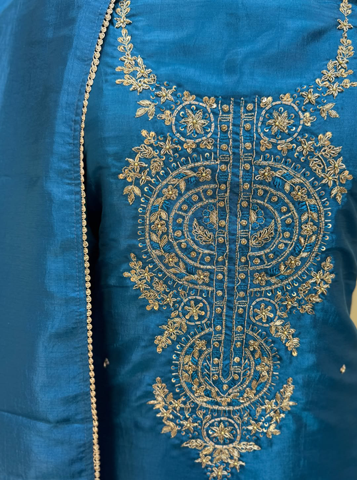 Blue with Zardozi, Bead, and Sequin Hand Embroidery Work Unstitched Suit