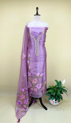 Lavender Pure Organza Featuring Elegant Hand-Painted Floral Design Combined With Hand Embroidery Detailing Unstitched Suit