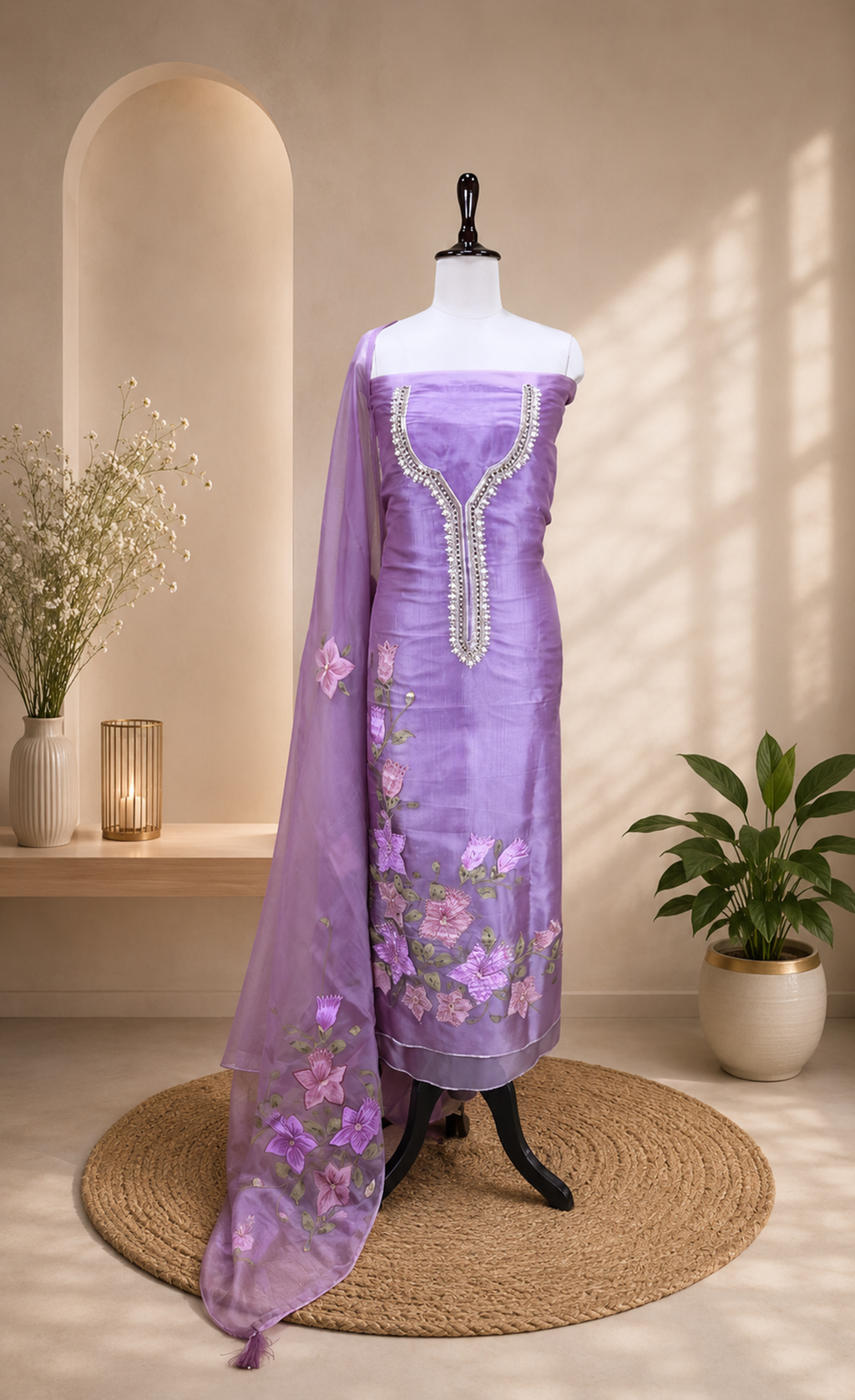 Lavender Pure Organza Featuring Elegant Hand-Painted Floral Design Combined With Hand Embroidery Detailing Unstitched Suit