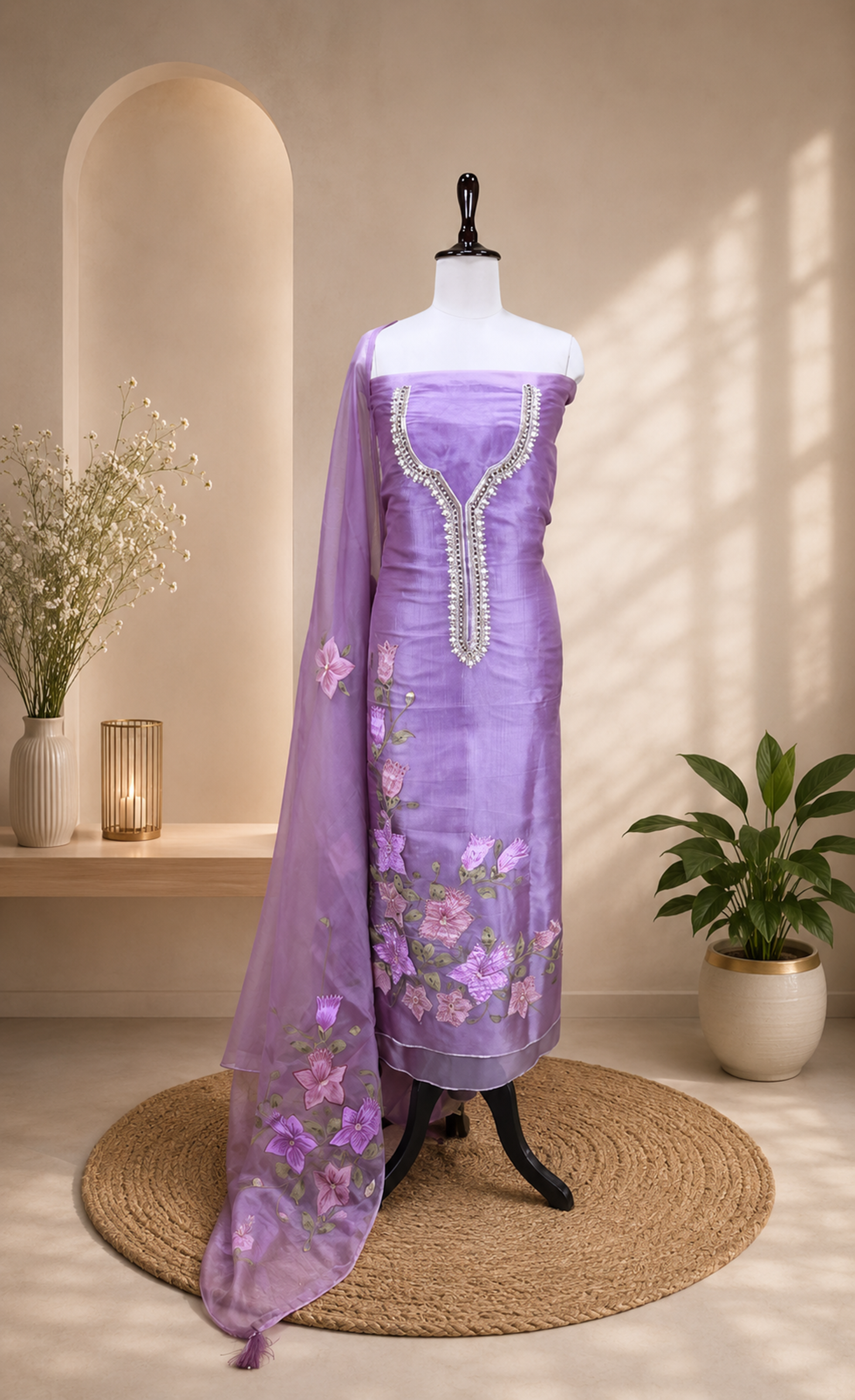 Lavender Pure Organza Featuring Elegant Hand-Painted Floral Design Combined With Hand Embroidery Detailing Unstitched Suit