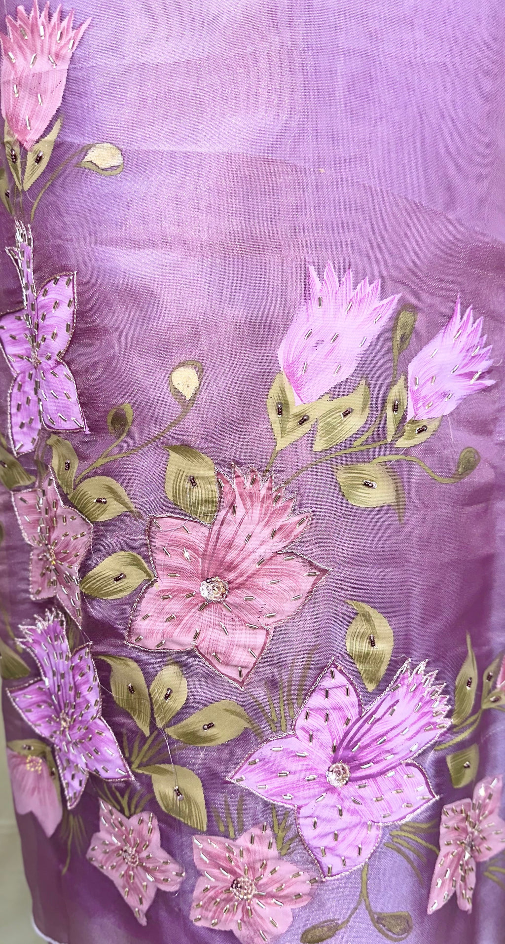 Lavender Pure Organza Featuring Elegant Hand-Painted Floral Design Combined With Hand Embroidery Detailing Unstitched Suit