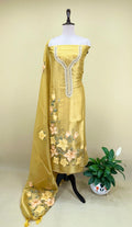 Mustard Pure Organza Featuring Elegant Hand-Painted Floral Design Combined With Hand Embroidery Detailing Unstitched Suit