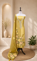 Mustard Pure Organza Featuring Elegant Hand-Painted Floral Design Combined With Hand Embroidery Detailing Unstitched Suit