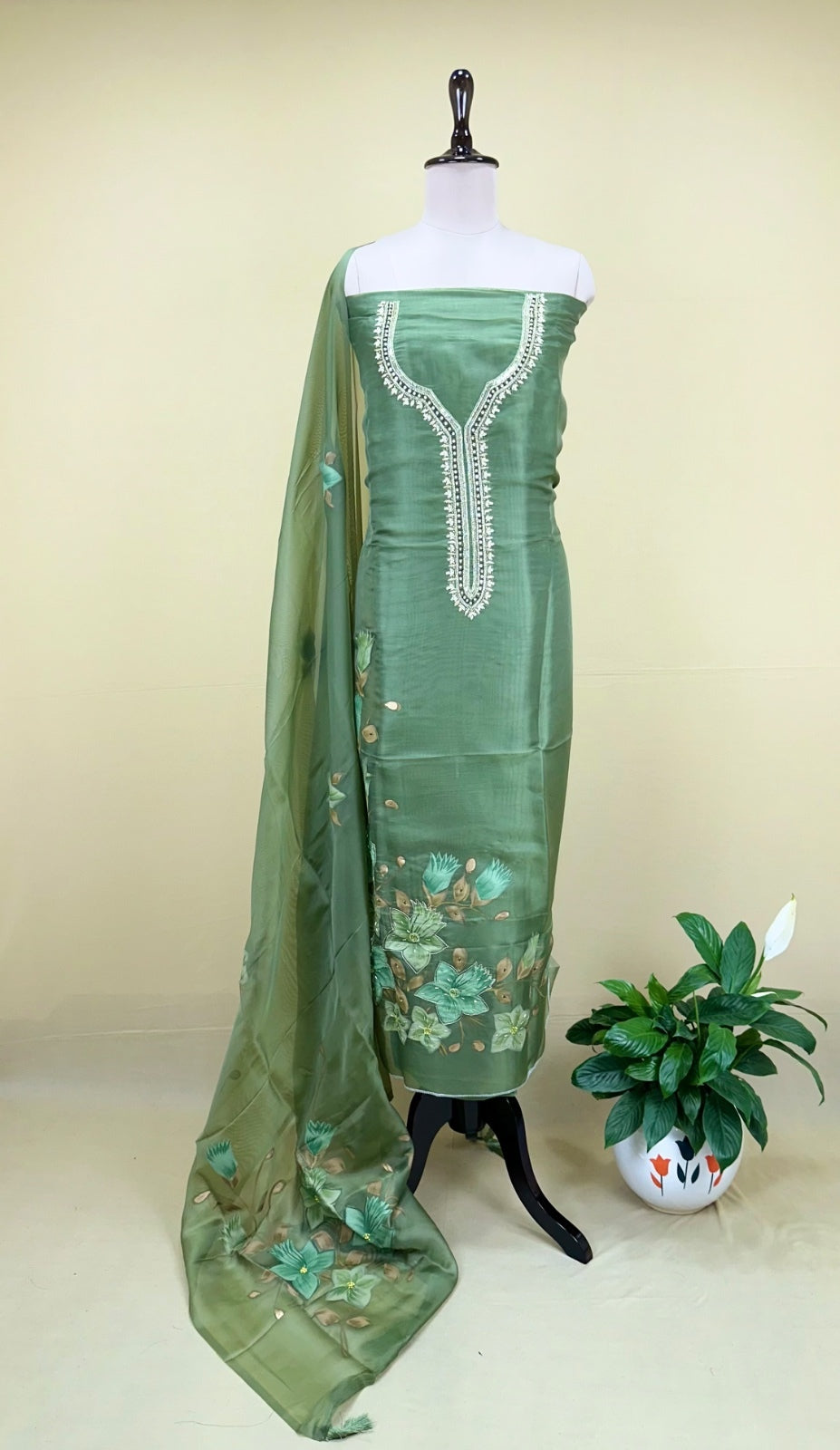 Green Pure Organza Featuring Elegant Hand-Painted Floral Design Combined With Hand Embroidery Detailing Unstitched Suit