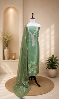Green Pure Organza Featuring Elegant Hand-Painted Floral Design Combined With Hand Embroidery Detailing Unstitched Suit