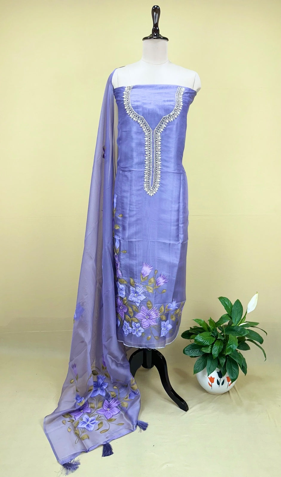 Purple Pure Organza Featuring Elegant Hand-Painted Floral Design Combined With Hand Embroidery Detailing Unstitched Suit