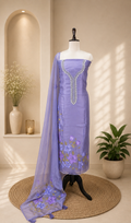 Purple Pure Organza Featuring Elegant Hand-Painted Floral Design Combined With Hand Embroidery Detailing Unstitched Suit