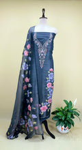 Grey Organza Featuring Elegant Hand-Painted Floral Designs Combined with Hand Embroidery Detailing Unstitched Suit