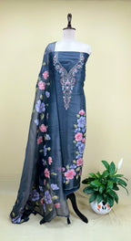 Grey Organza Featuring Elegant Hand-Painted Floral Designs Combined with Hand Embroidery Detailing Unstitched Suit