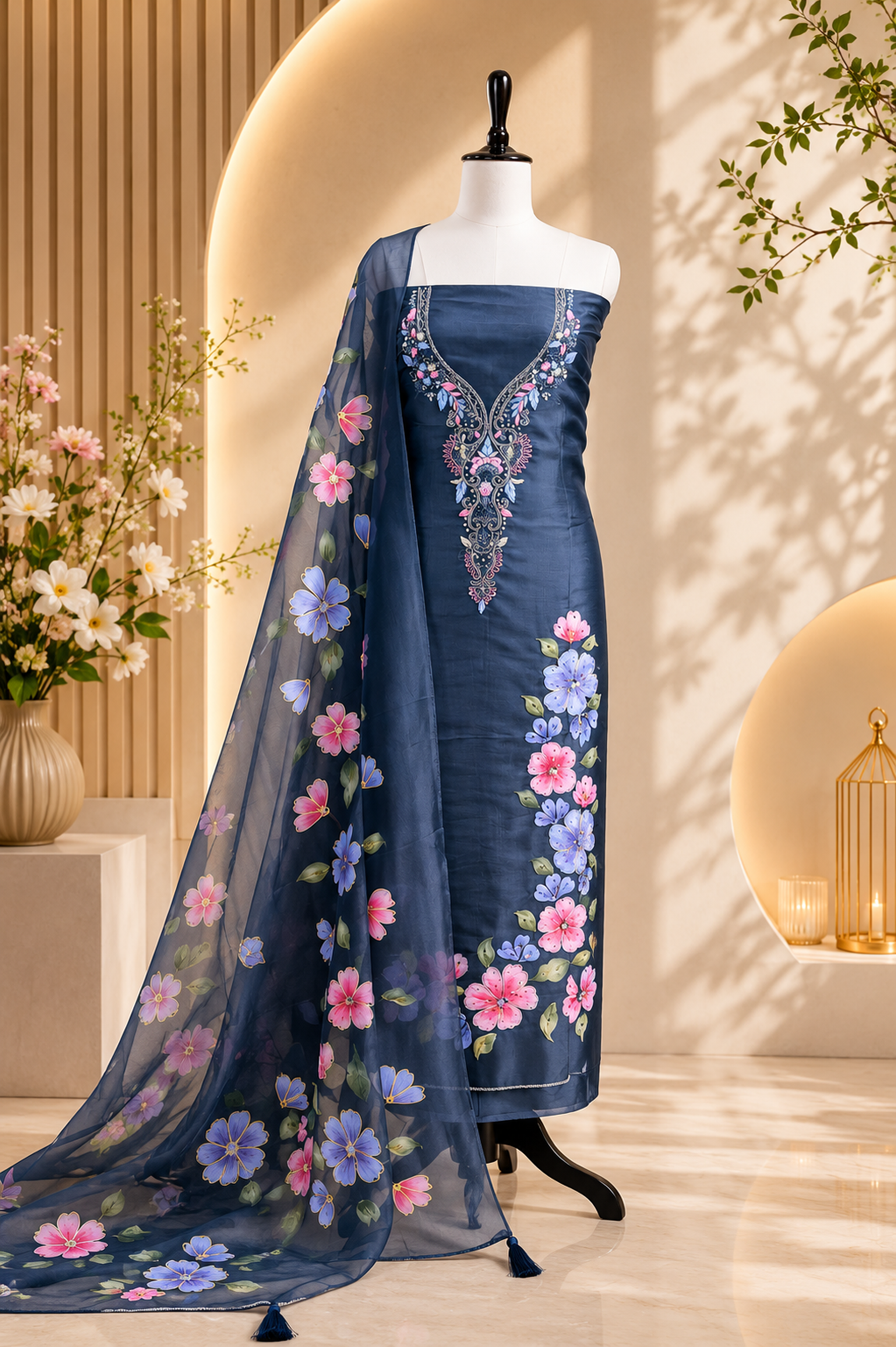 Grey Organza Featuring Elegant Hand-Painted Floral Designs Combined with Hand Embroidery Detailing Unstitched Suit