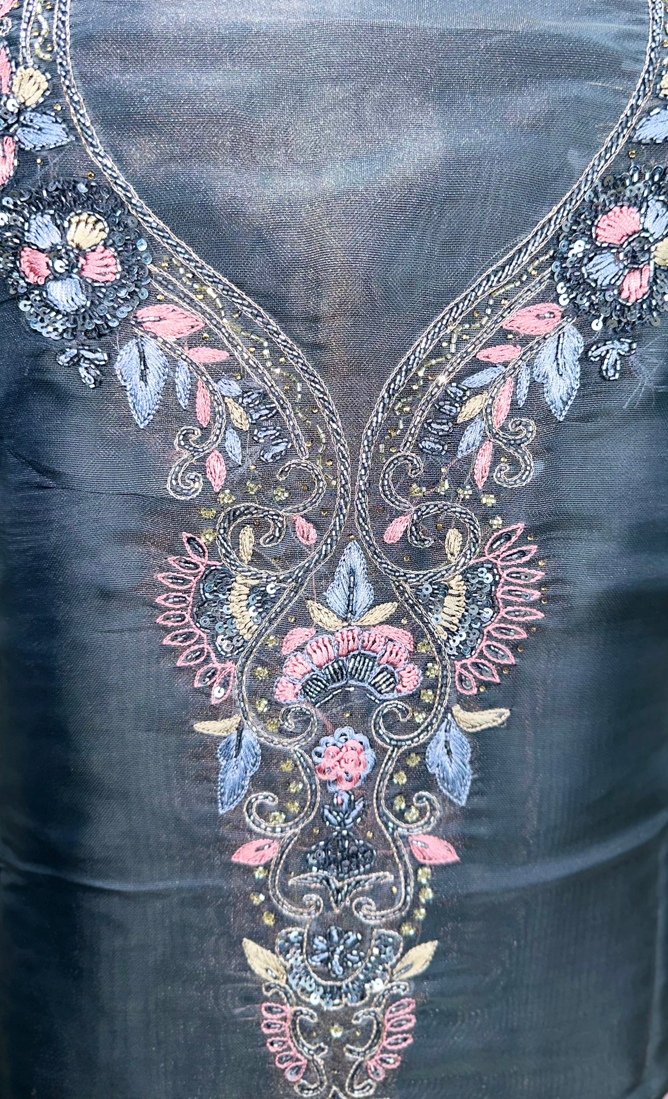 Grey Organza Featuring Elegant Hand-Painted Floral Designs Combined with Hand Embroidery Detailing Unstitched Suit