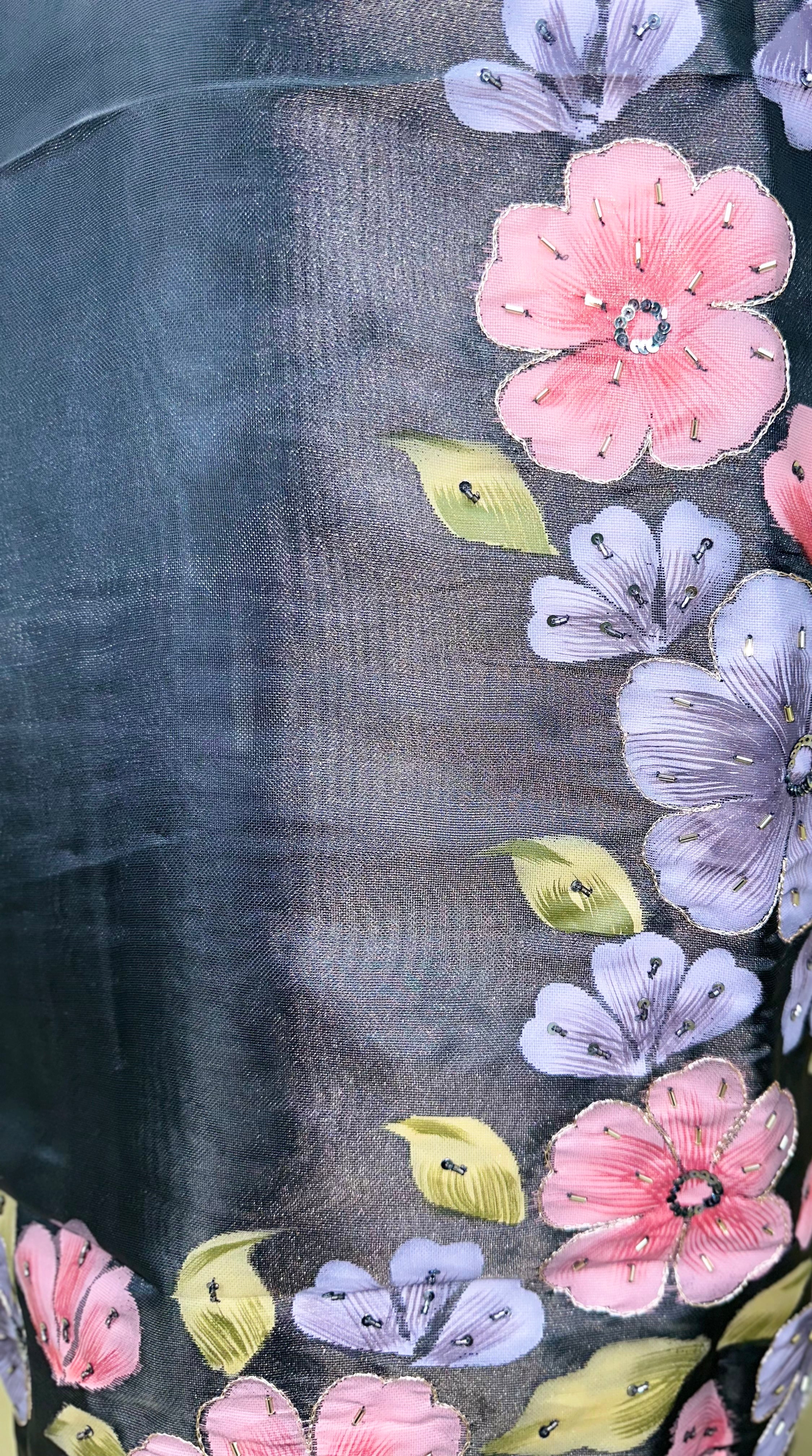 Grey Organza Featuring Elegant Hand-Painted Floral Designs Combined with Hand Embroidery Detailing Unstitched Suit