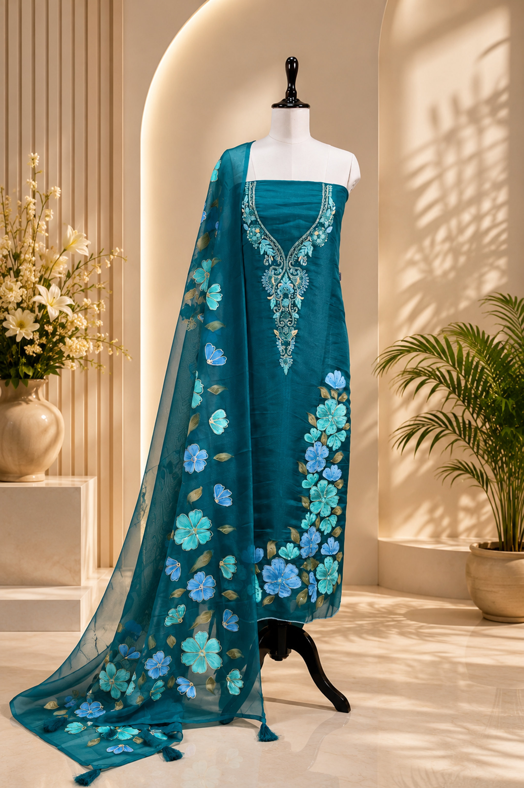 Green Organza Featuring Elegant Hand-Painted Floral Designs Combined with Hand Embroidery Detailing Unstitched Suit