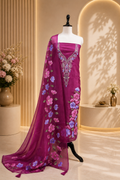 Wine Organza Featuring Elegant Hand-Painted Floral Designs Combined with Hand Embroidery Detailing Unstitched Suit